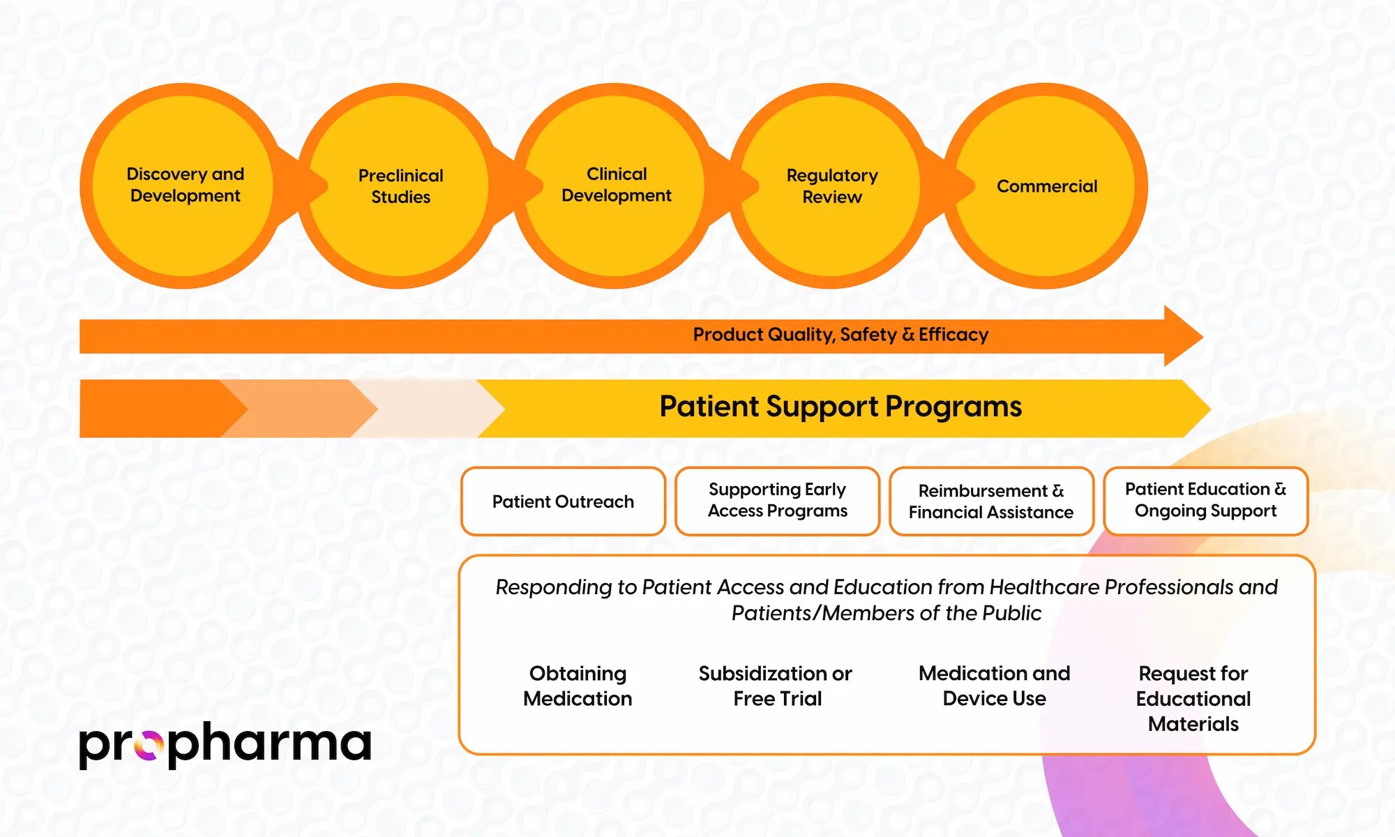 Illustration showing how ProPharma Patient Support Programs collaborate throughout the Drug Development Life Cycle.